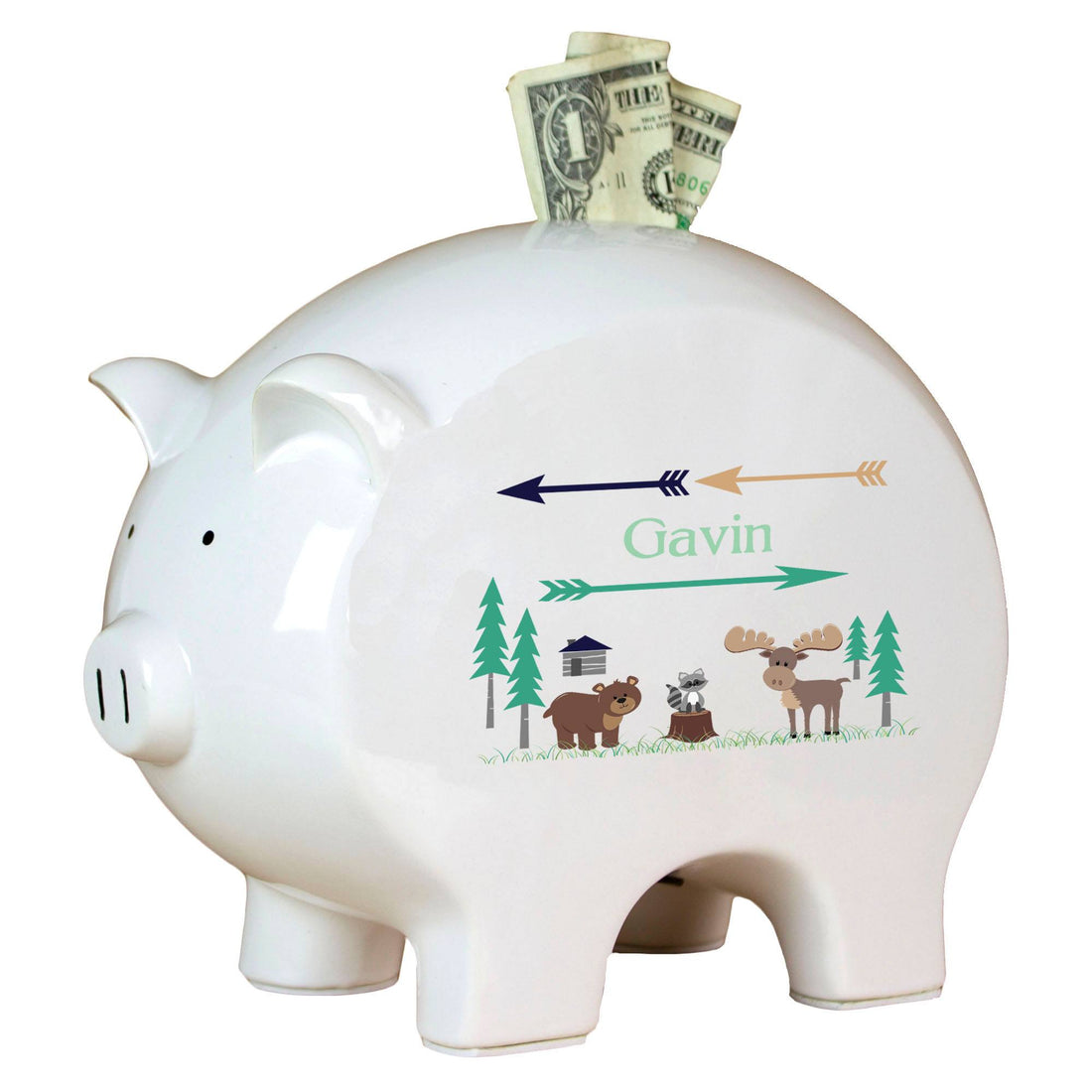 Personalized Piggy Bank with North Woodland Critters design