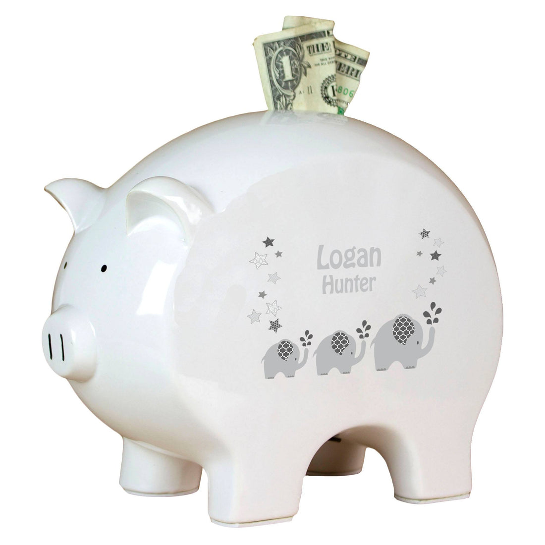 Personalized Piggy Bank with Gray Elephant design