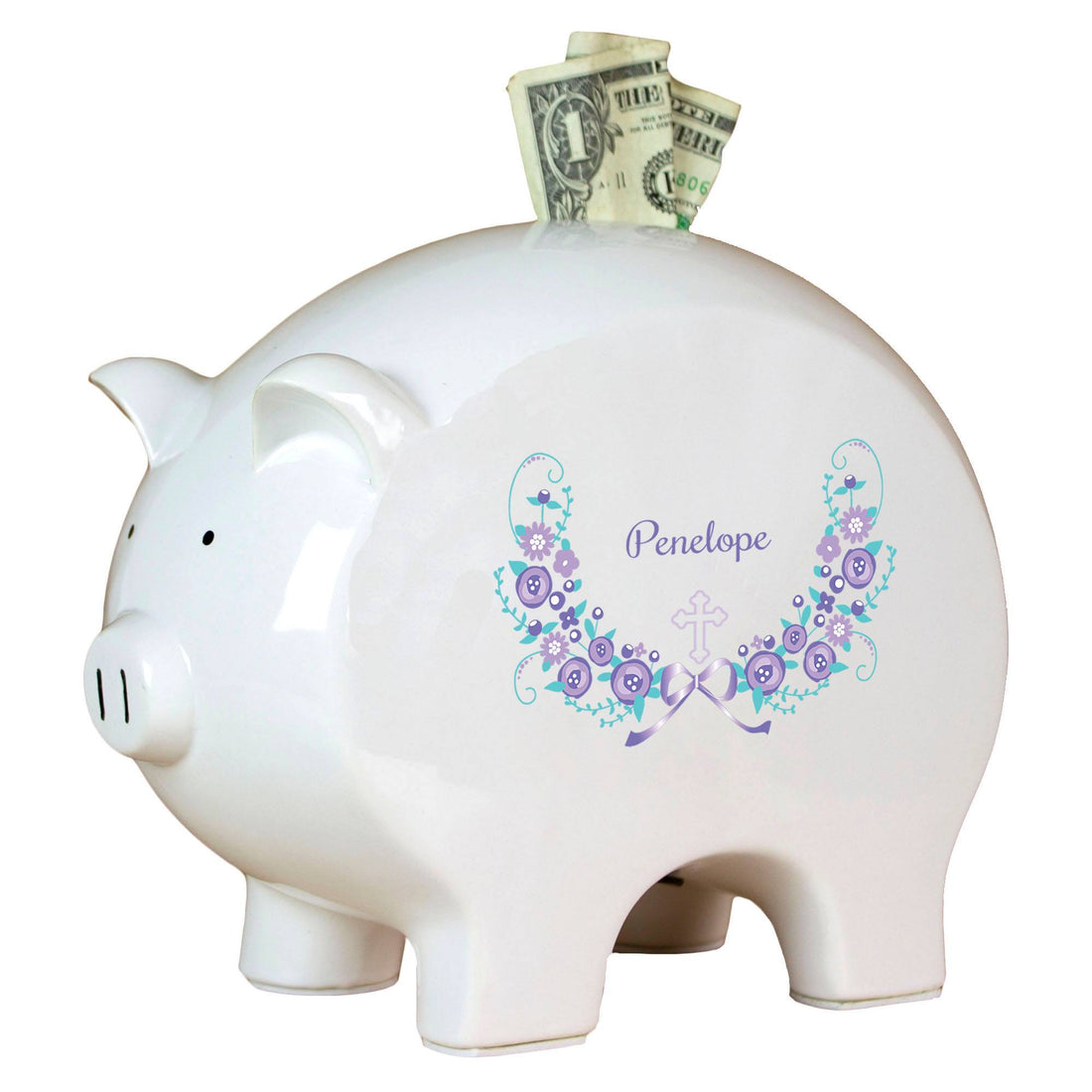 Personalized Piggy Bank with Hc Lavender Floral Garland design