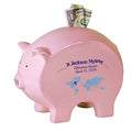 Personalized Pink Piggy Bank with World Map Blue design