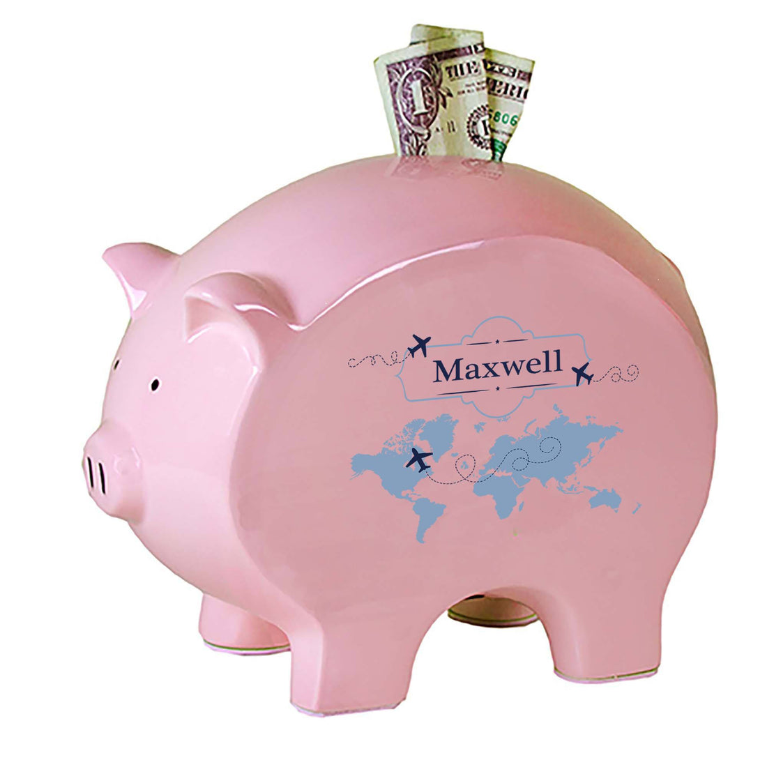 Personalized Pink Piggy Bank with World Map Blue design