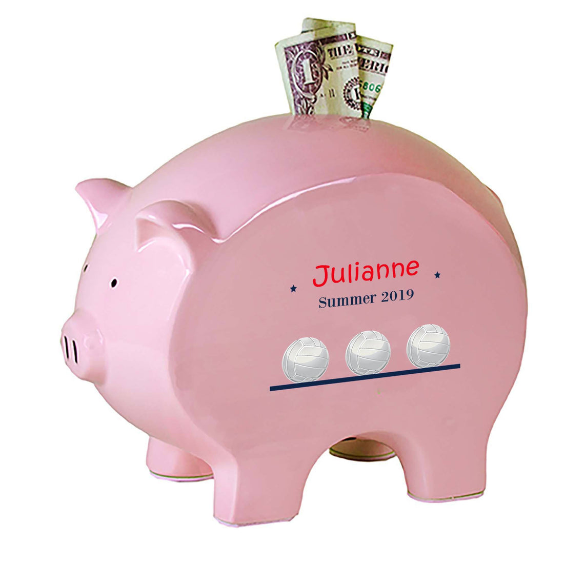 Personalized Pink Piggy Bank with Volley Balls design