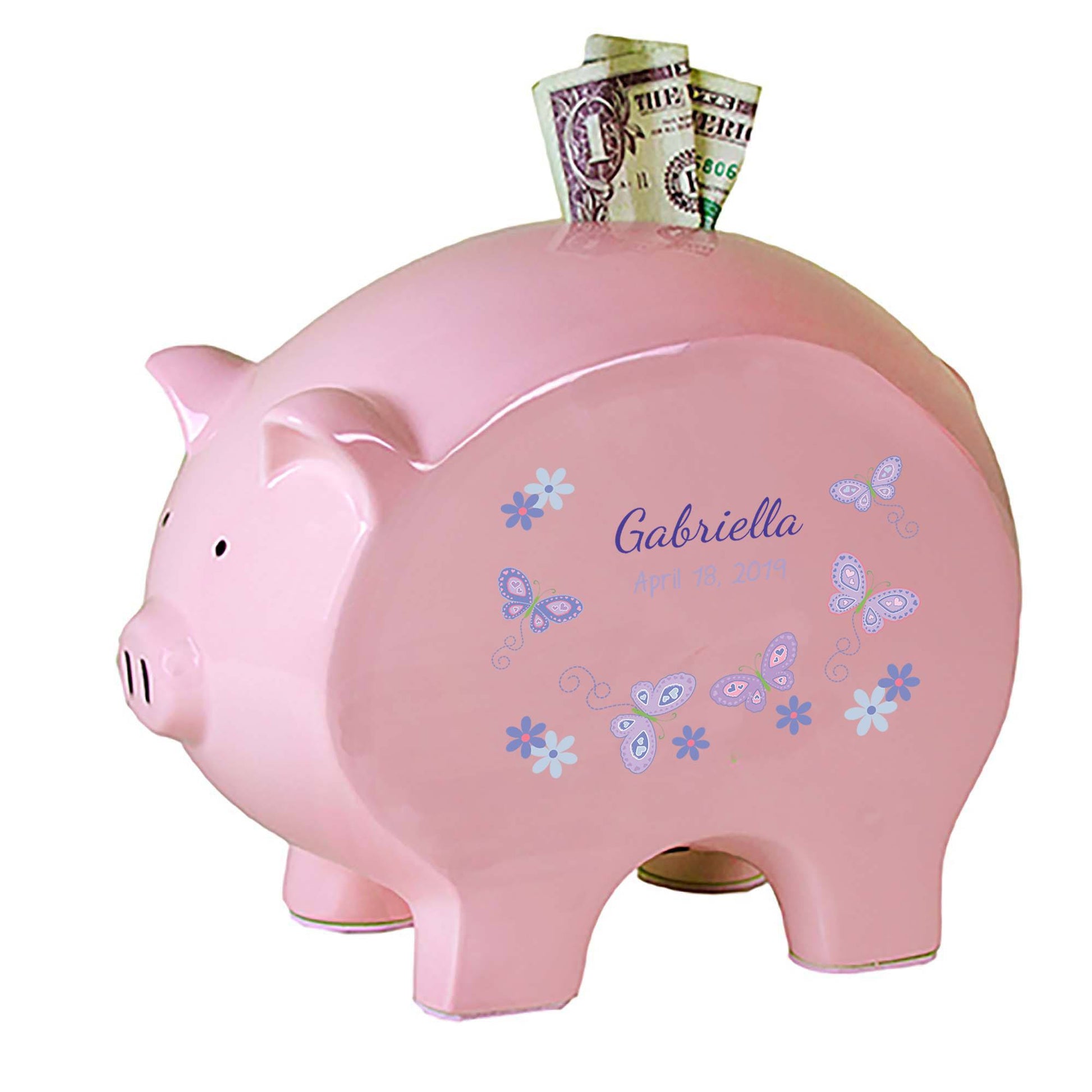 Personalized Pink Piggy Bank - Lavender Butterflies - MyBambino.com