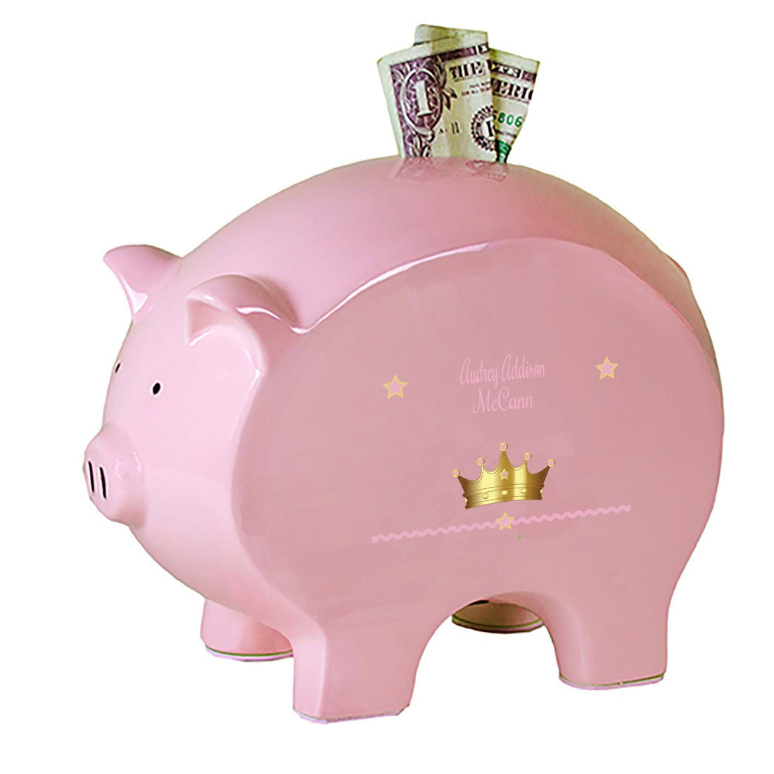 Personalized Pink Piggy Bank with Pink Princess Crown design