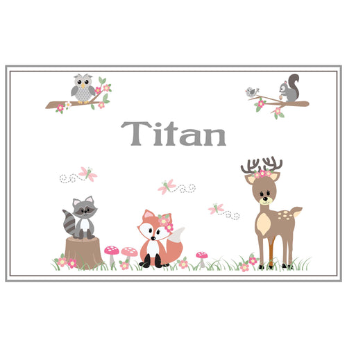 Personalized Placemat with Gray Woodland Critters design