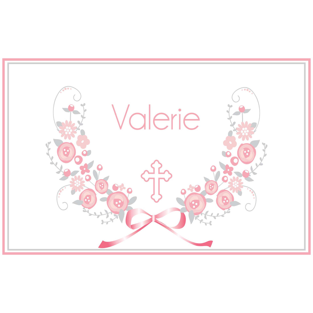 Personalized Placemat with Holy Cross Pink Gray Floral Garland design