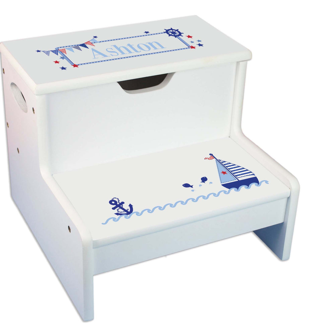 Sailboat Personalized White Storage Step Stool