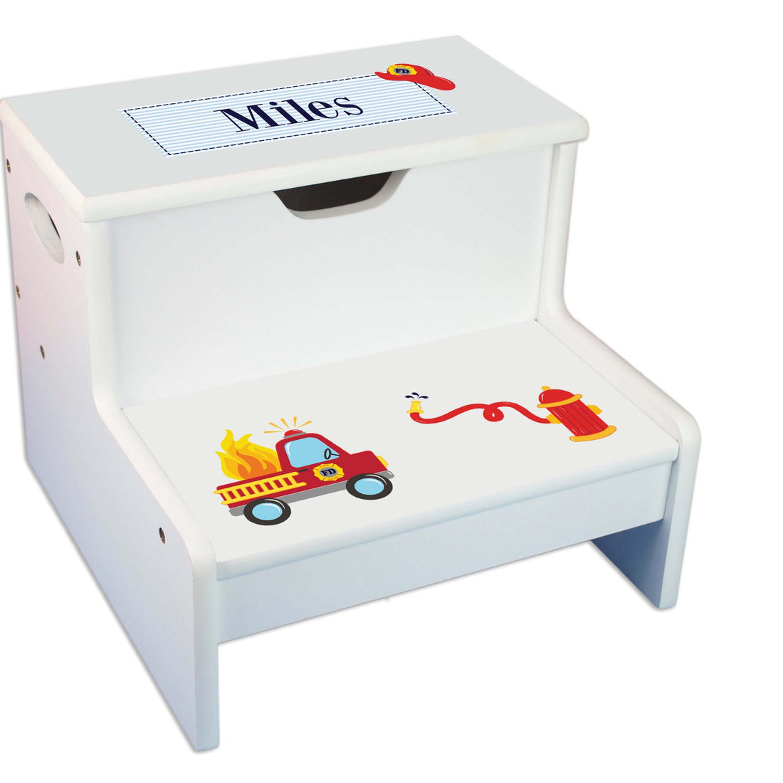 Firetruck Personalized White Storage Step Stool