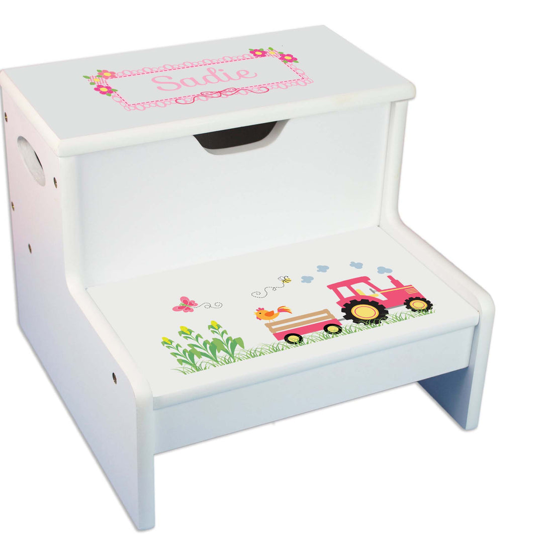 Pink Tractor White Storage Step Stool - MyBambino.com