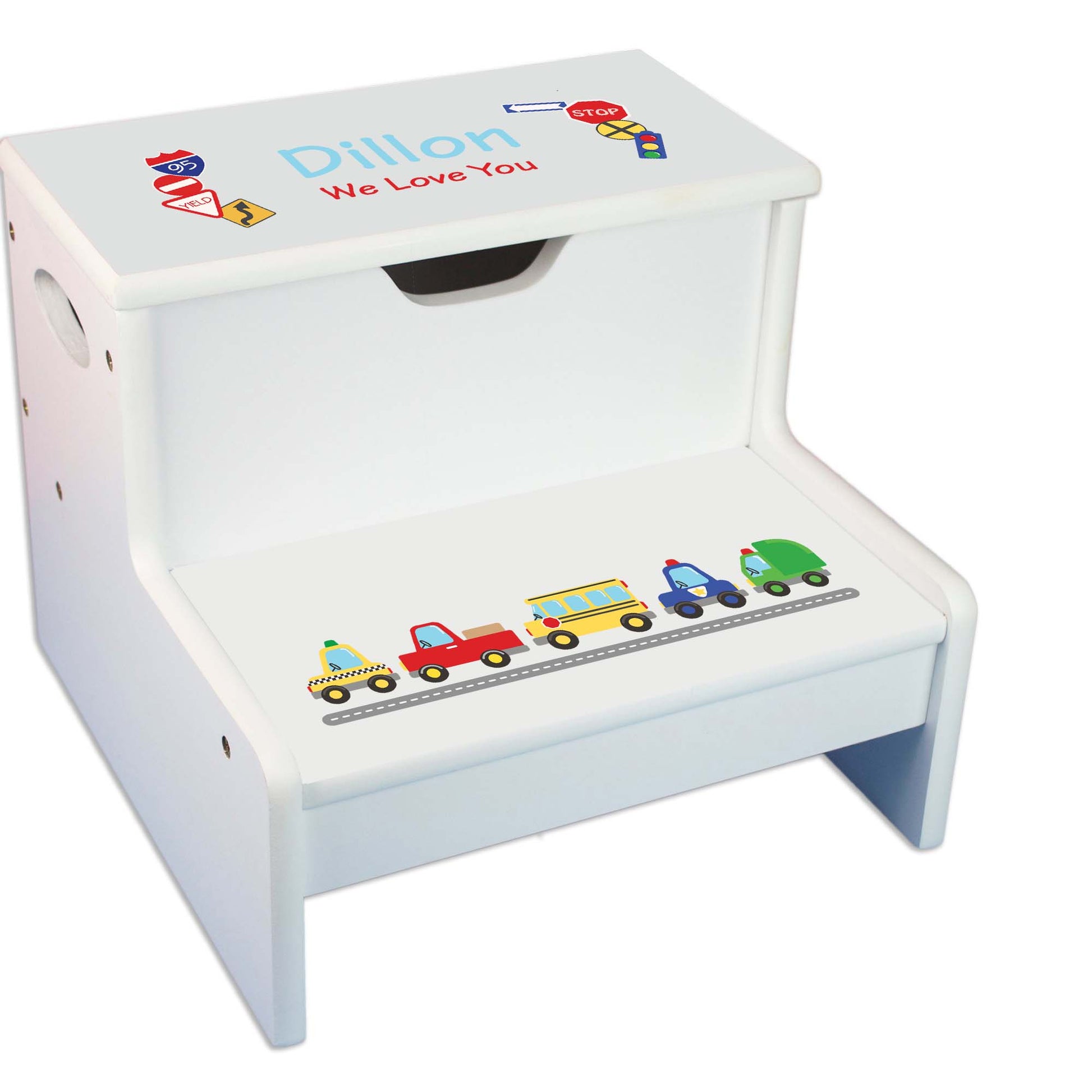 Cars And Trucks White Storage Step Stool - MyBambino.com