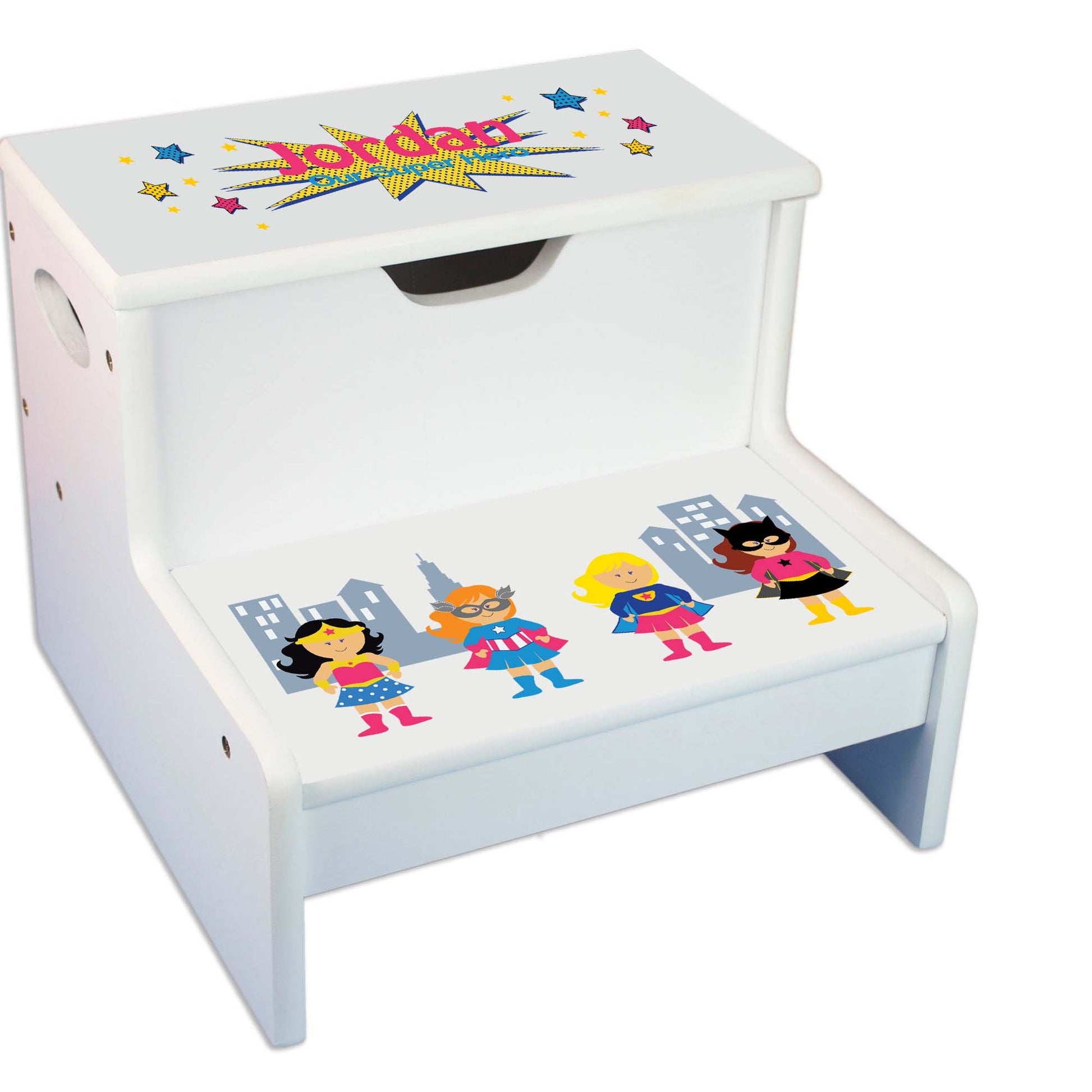 Girls Superhero White Storage Step Stool - MyBambino.com