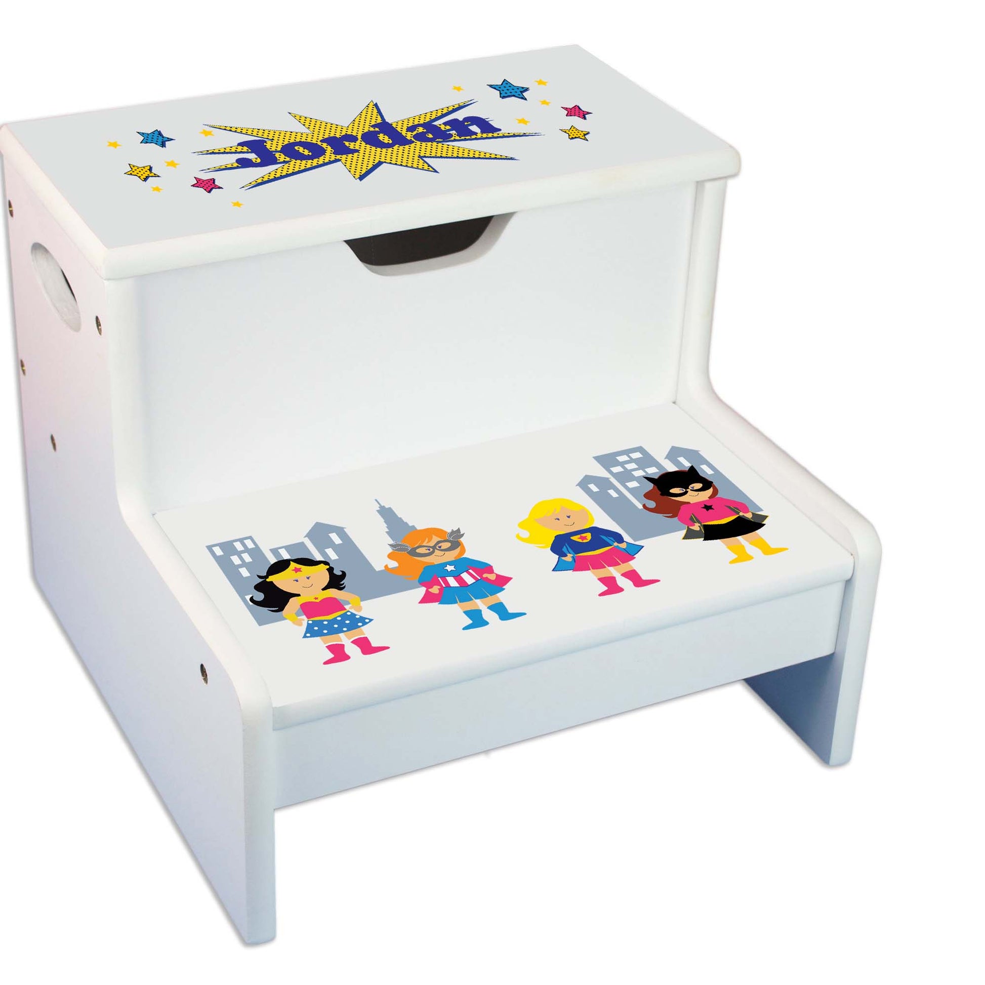 Girls Superhero Personalized White Storage Step Stool