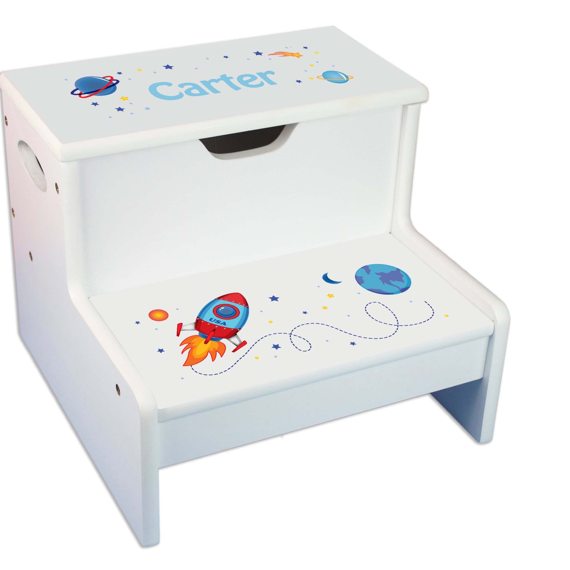 Rocket Personalized White Storage Step Stool