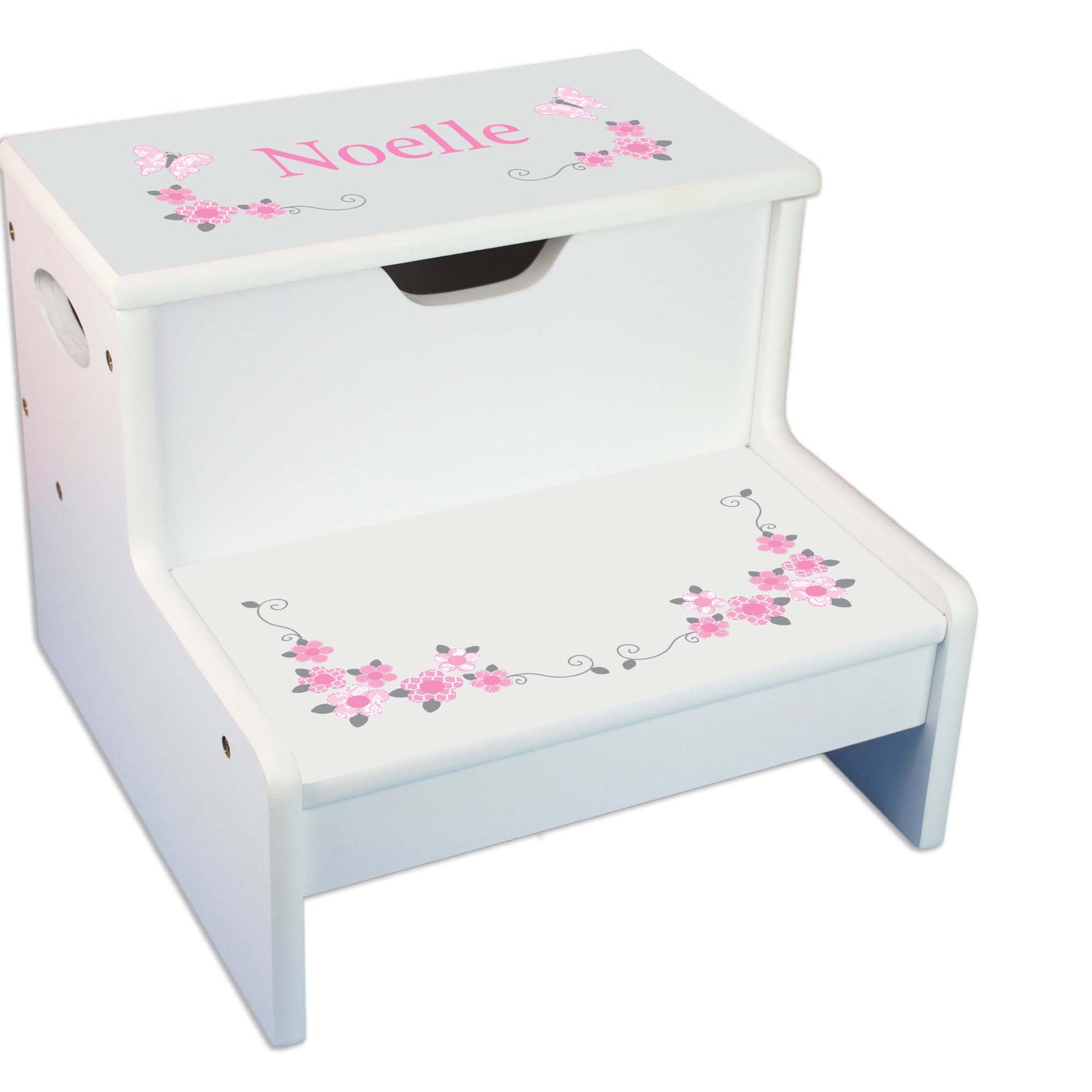 Pink Gray Butterfly Garland White Storage Step Stool - MyBambino.com