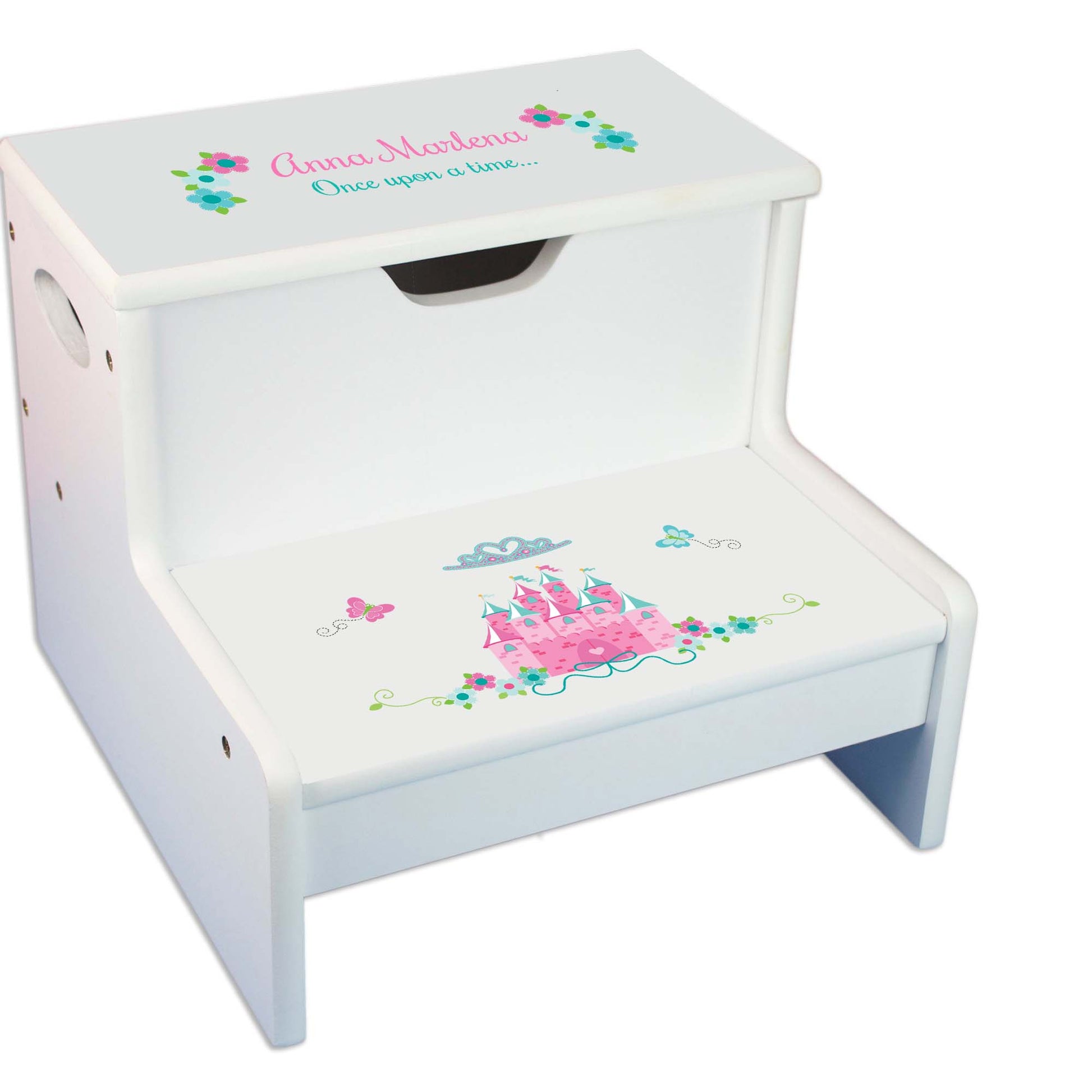 Pink Teal Princess Castle White Storage Step Stool - MyBambino.com