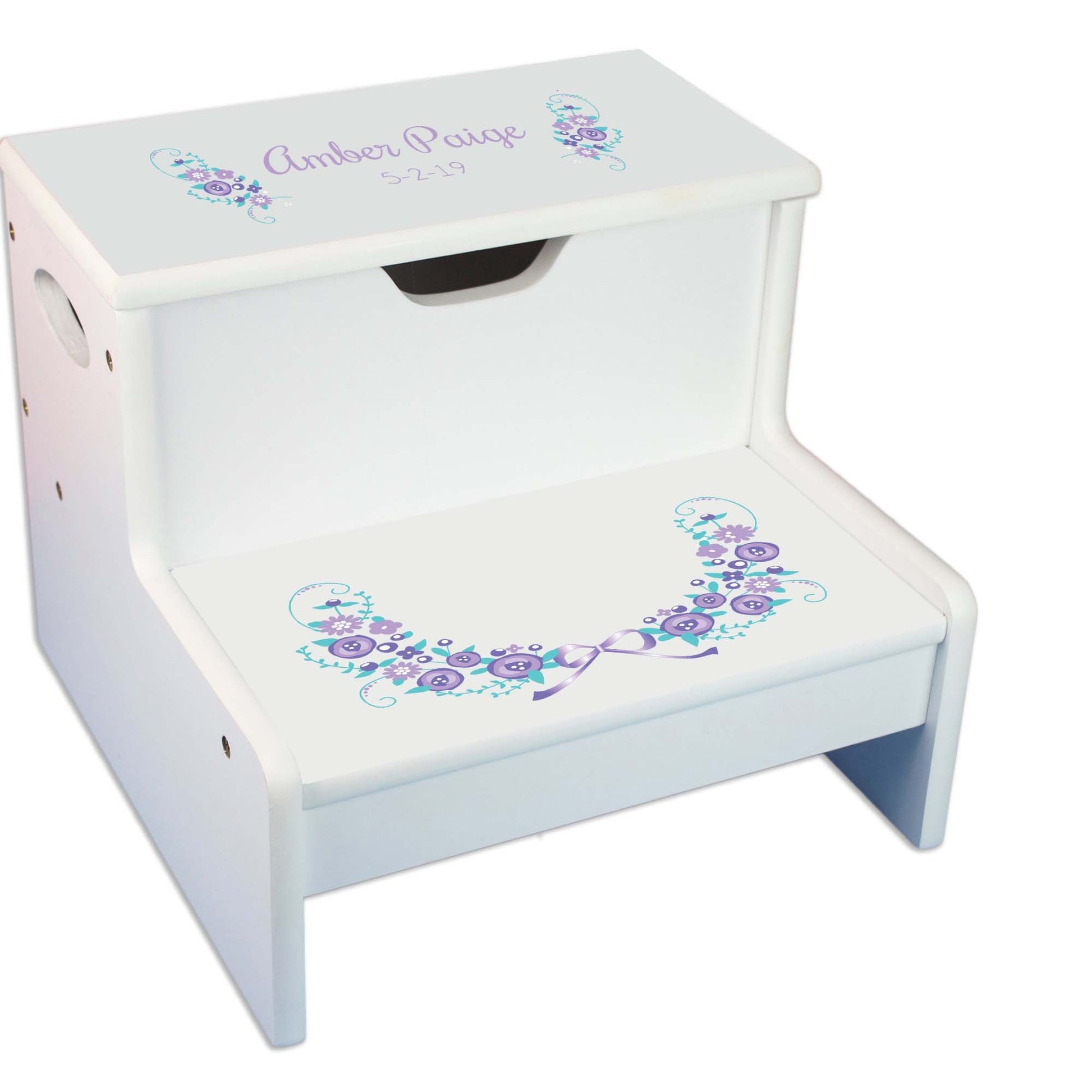 Navy Pink Floral Garland Personalized White Storage Step Stool