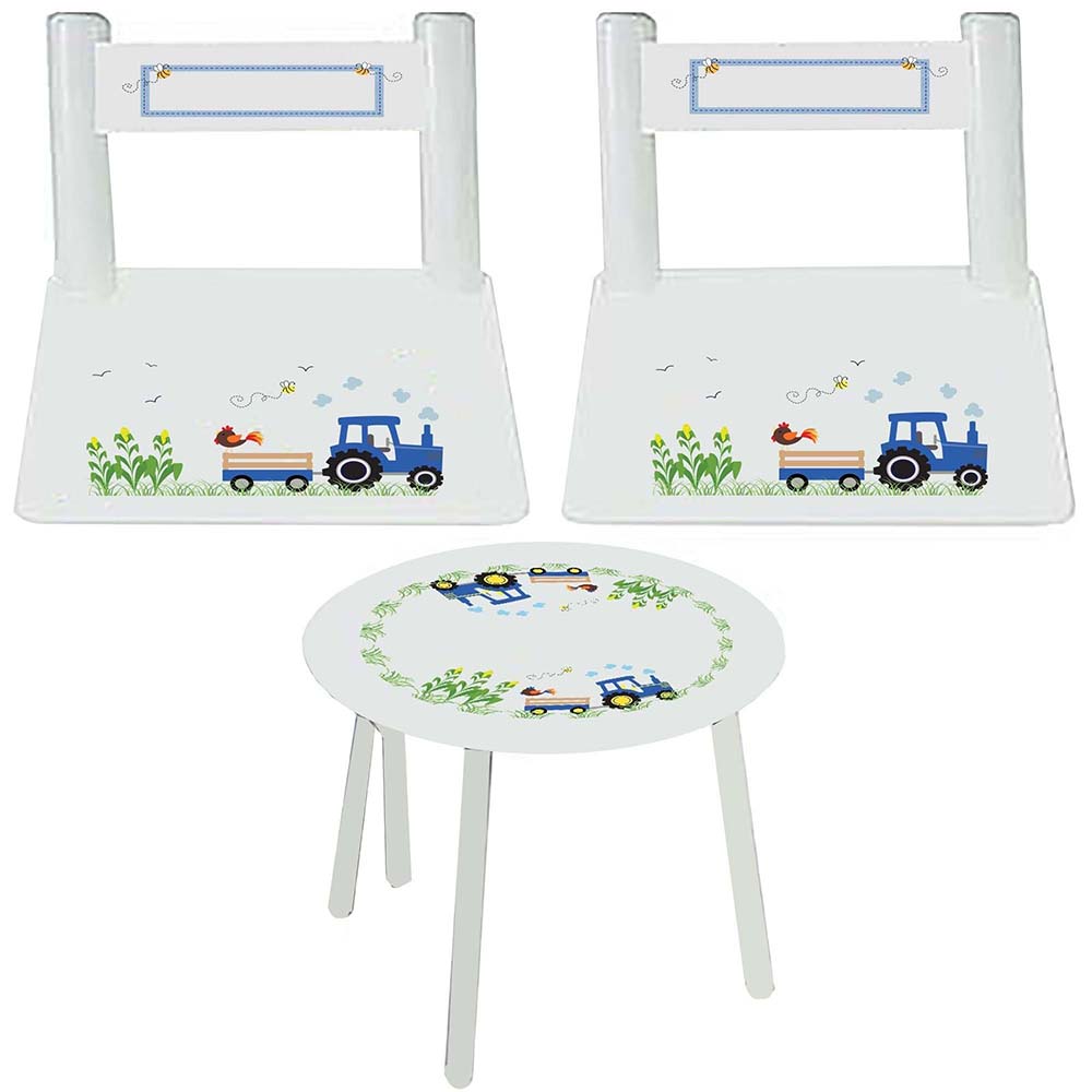 Personalized Table and Chairs with Blue Tractor design