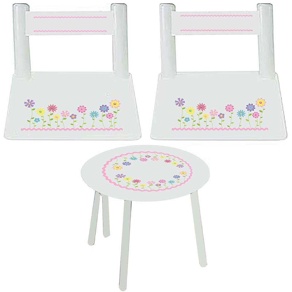 Girl's White Table Chair Set - Stemmed Flowers - MyBambino.com