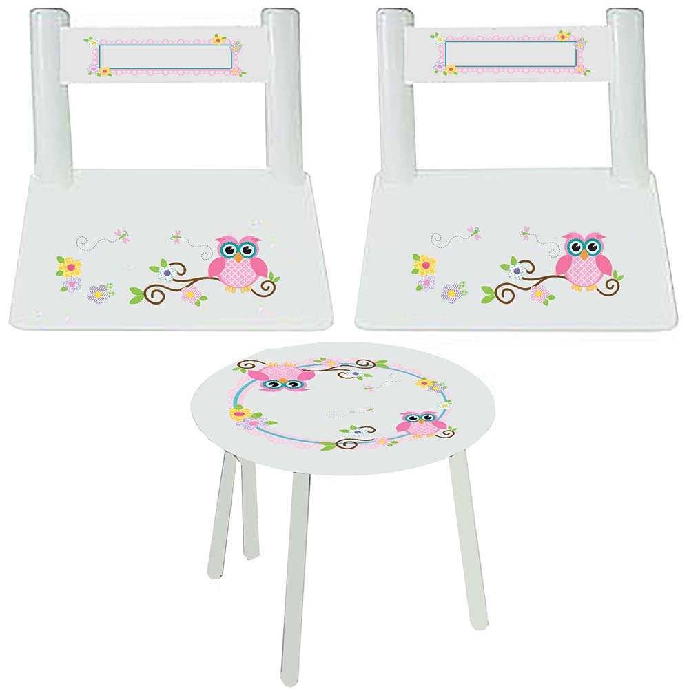 personalized pink calico owl table chair set for kids