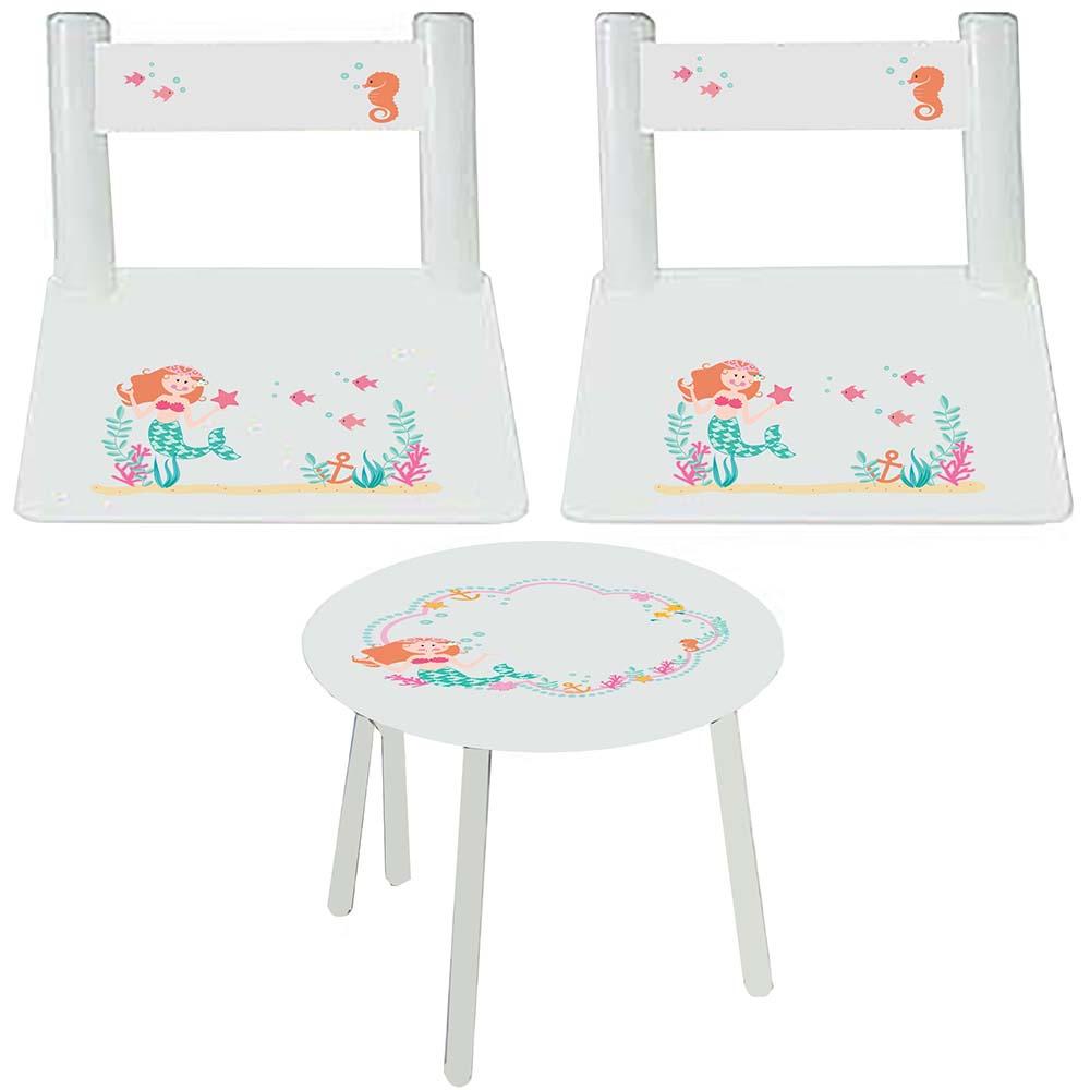 Personalized Table and Chairs with Brunette Mermaid Princess design