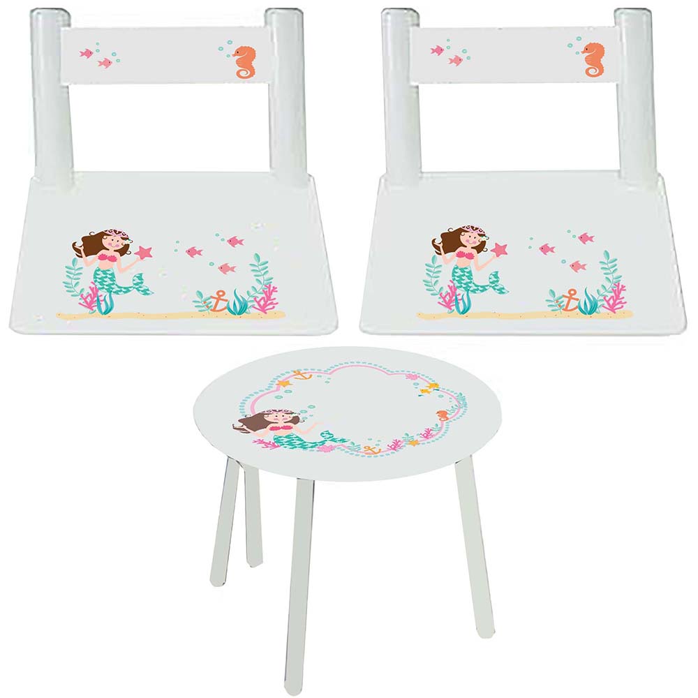 Personalized Table and Chairs with Brunette Mermaid Princess design