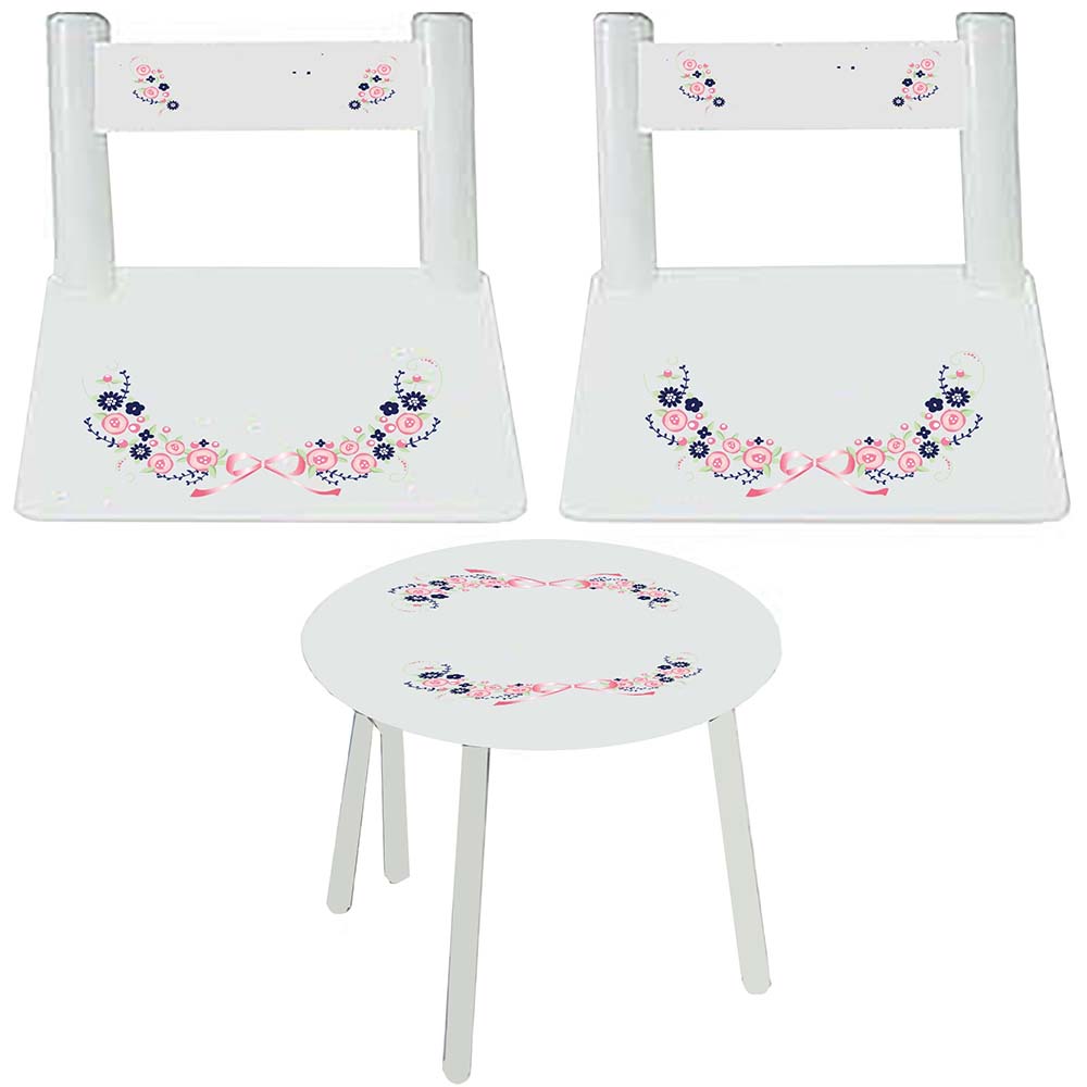 Personalized Table and Chairs with Navy Pink Floral Garland design