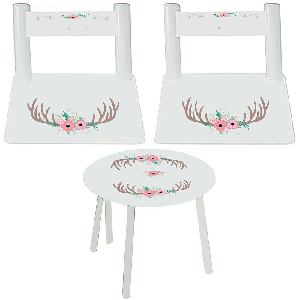 Personalized Table and Chairs with Floral Antler design