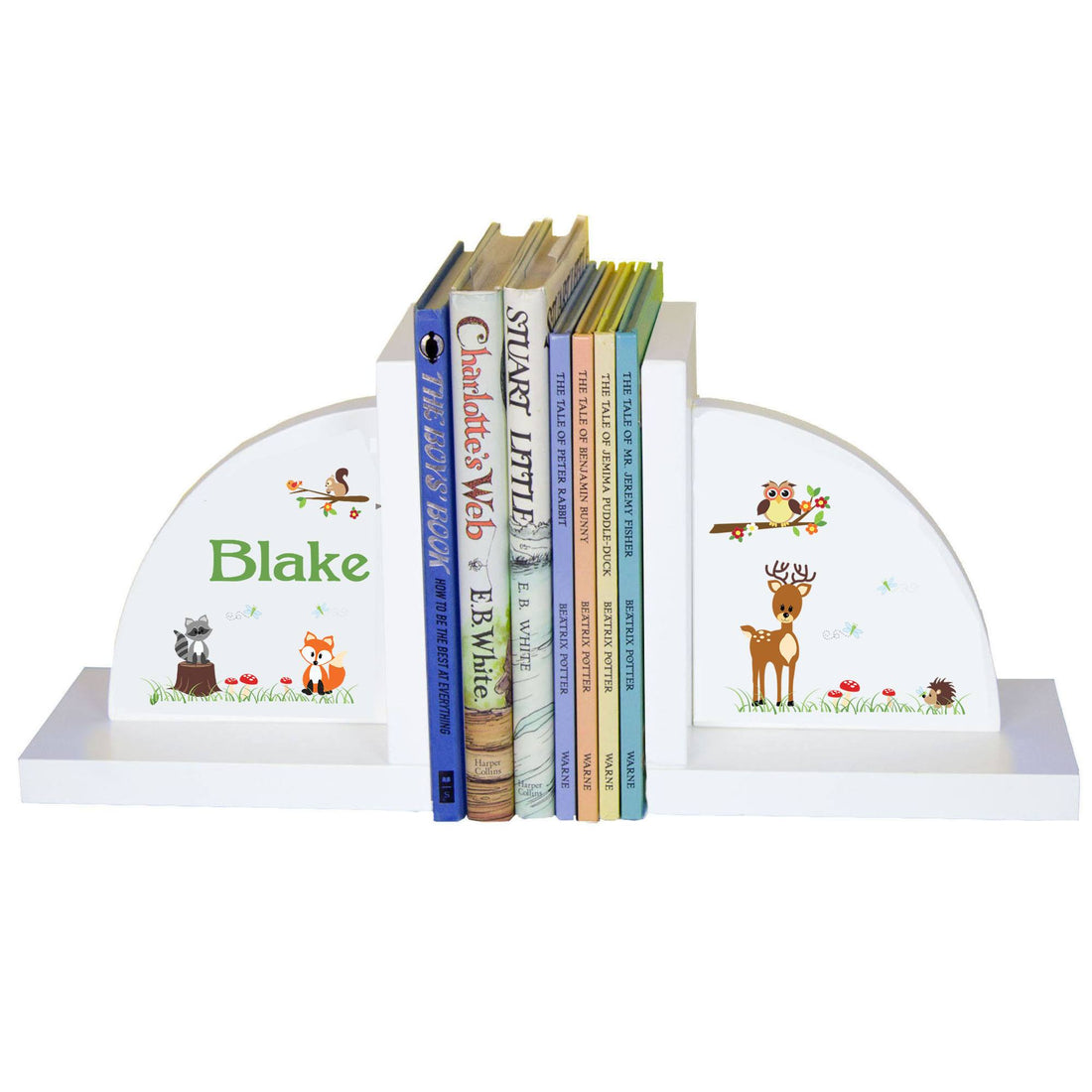 Personalized White Bookends with Green Forest Animal design