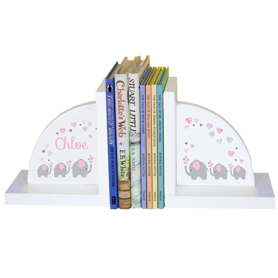 Personalized White Bookends with Pink Elephant design
