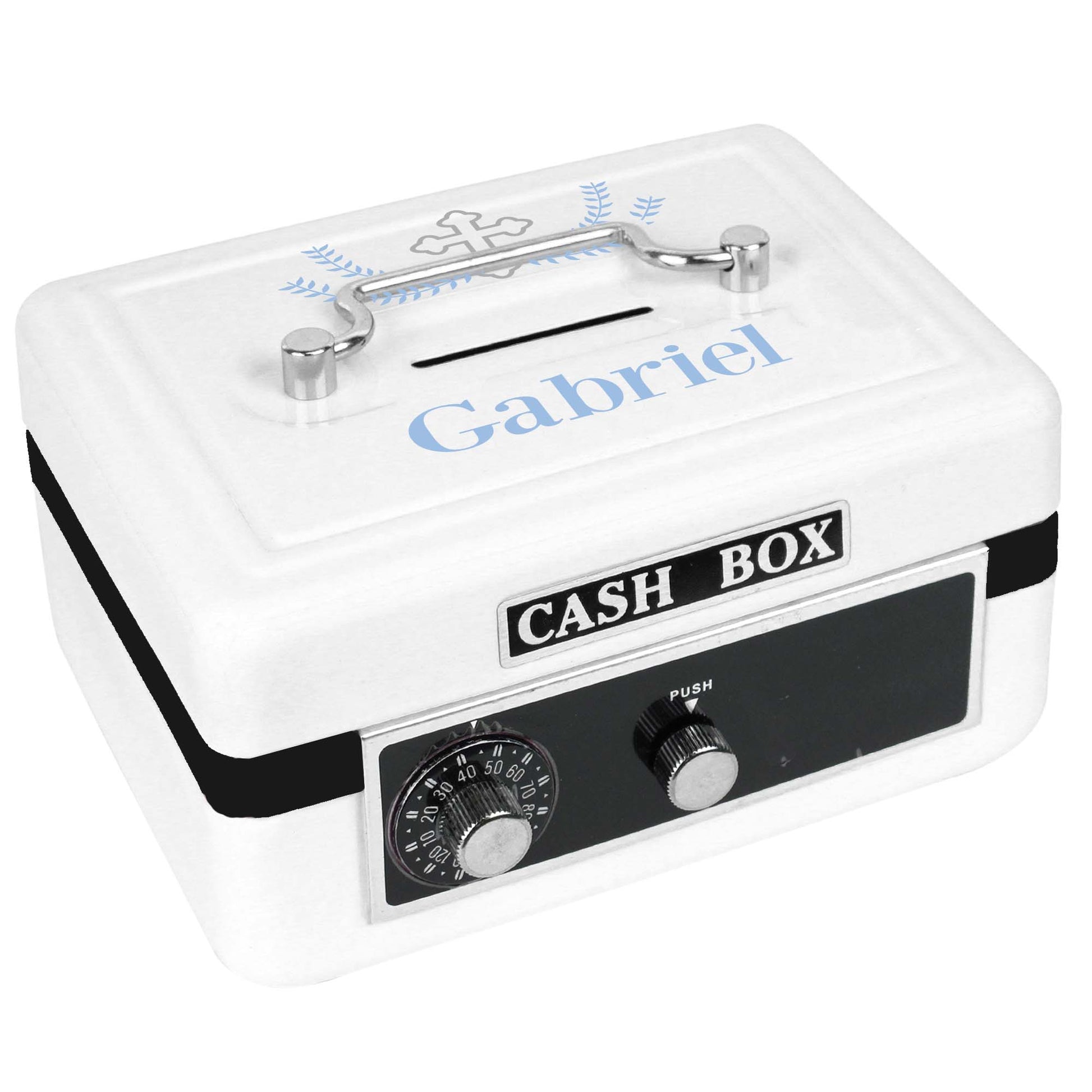 Personalized White Cash Box with Cross Garland Lt Blue design