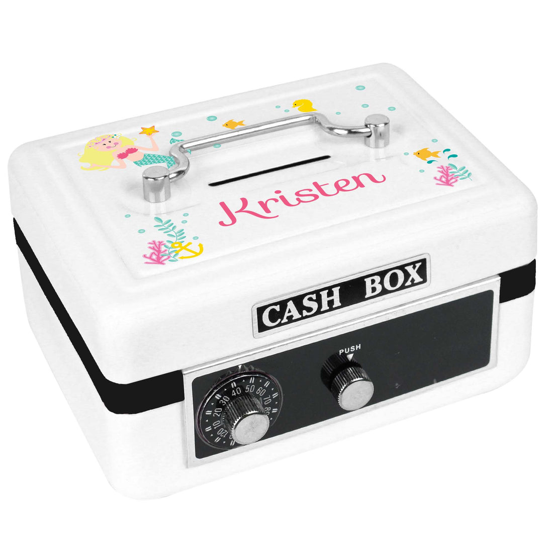 Personalized White Cash Box with Blonde Mermaid Princess design