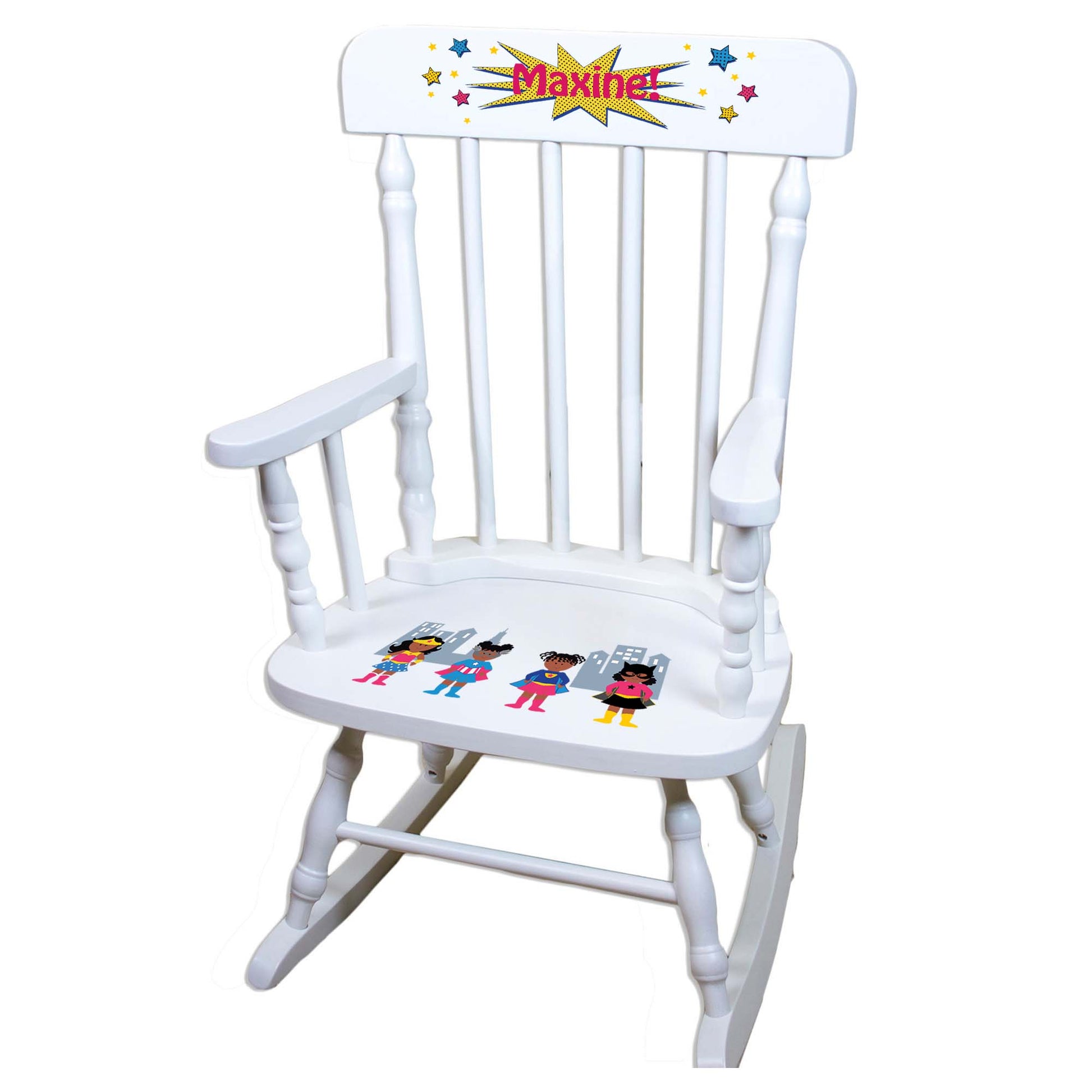 Girl's African American Superhero White Personalized Wooden ,rocking chairs