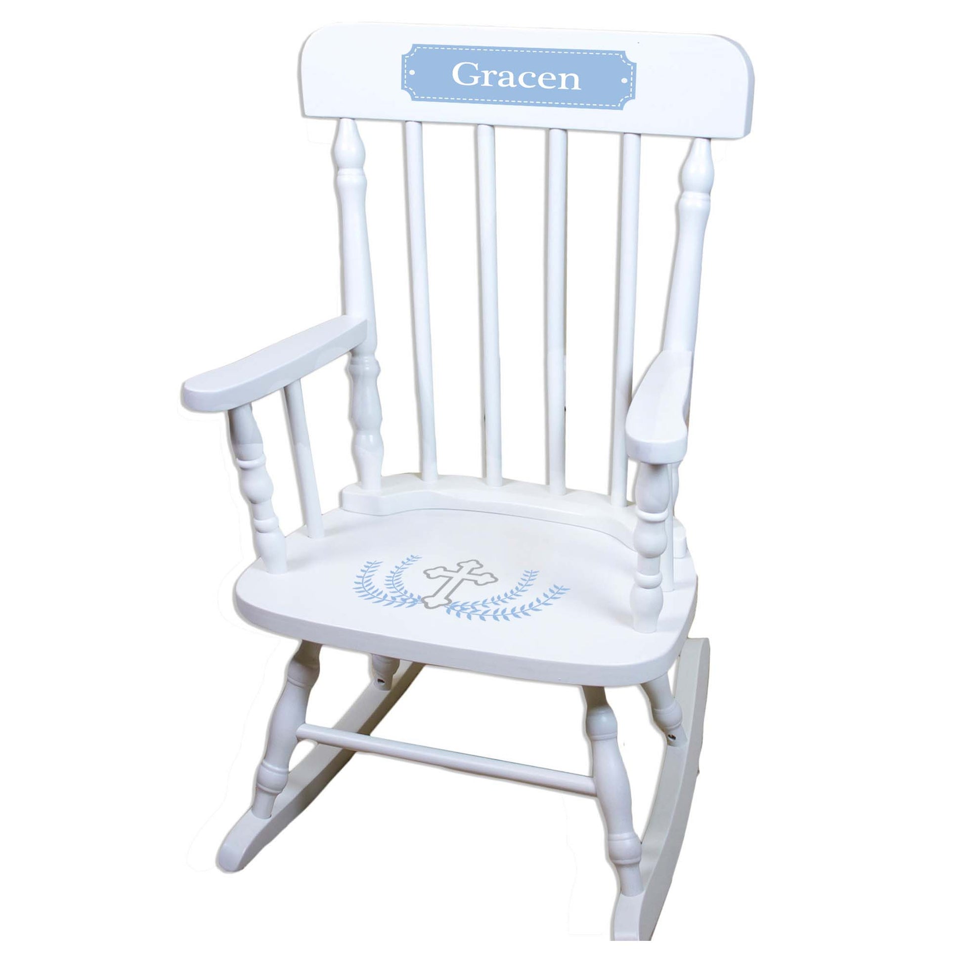 Lt Blue Cross White Spindle Rocking Chair - MyBambino.com