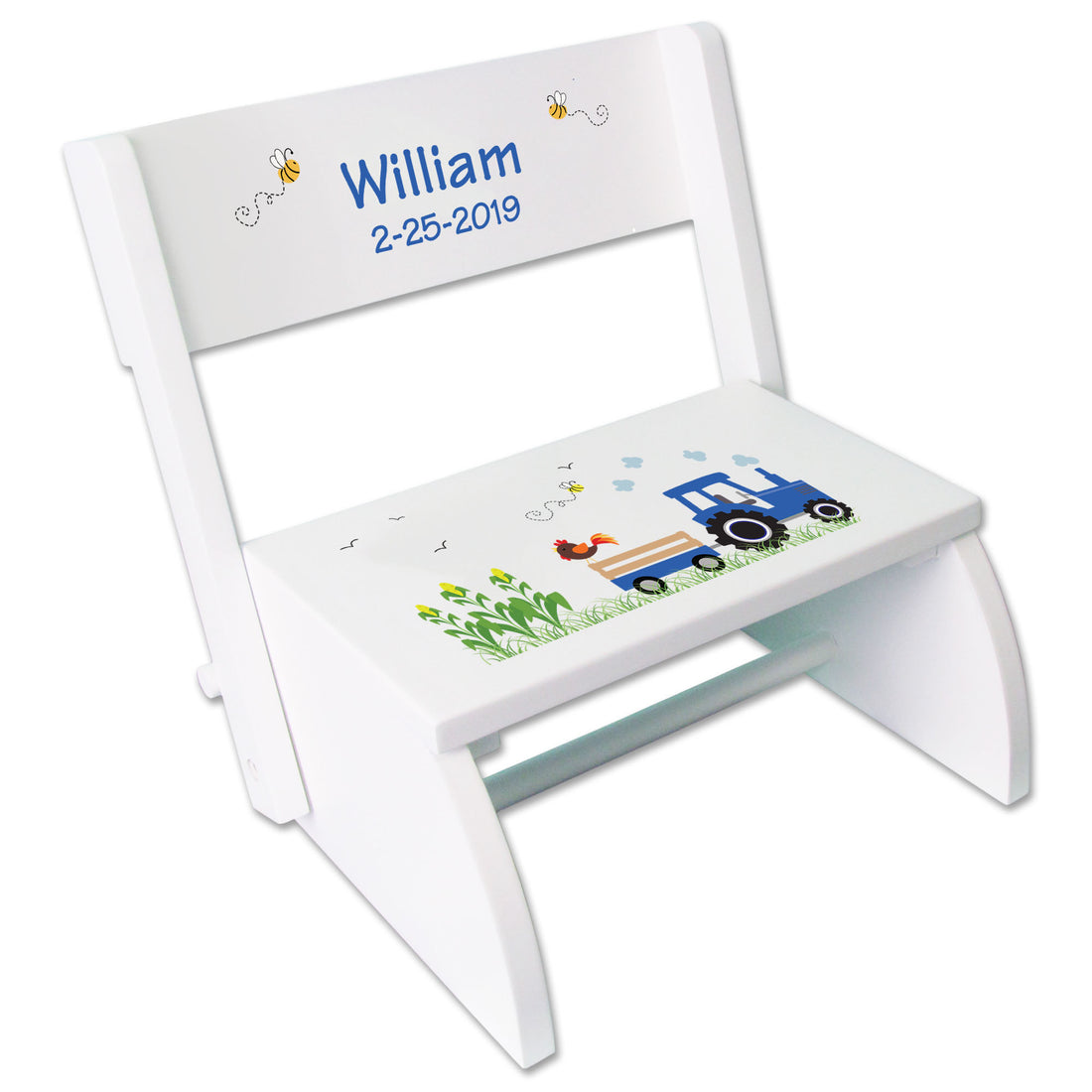 Personalized White Stool Blue Tractor Design