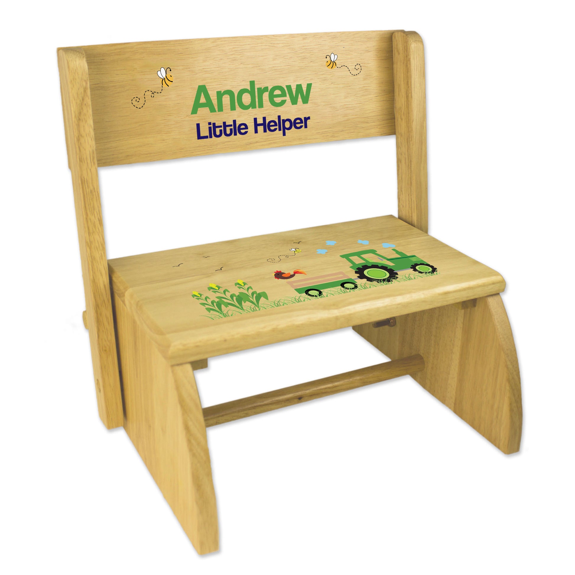 Personalized Green Tractor Natural Flip Stool - MyBambino.com