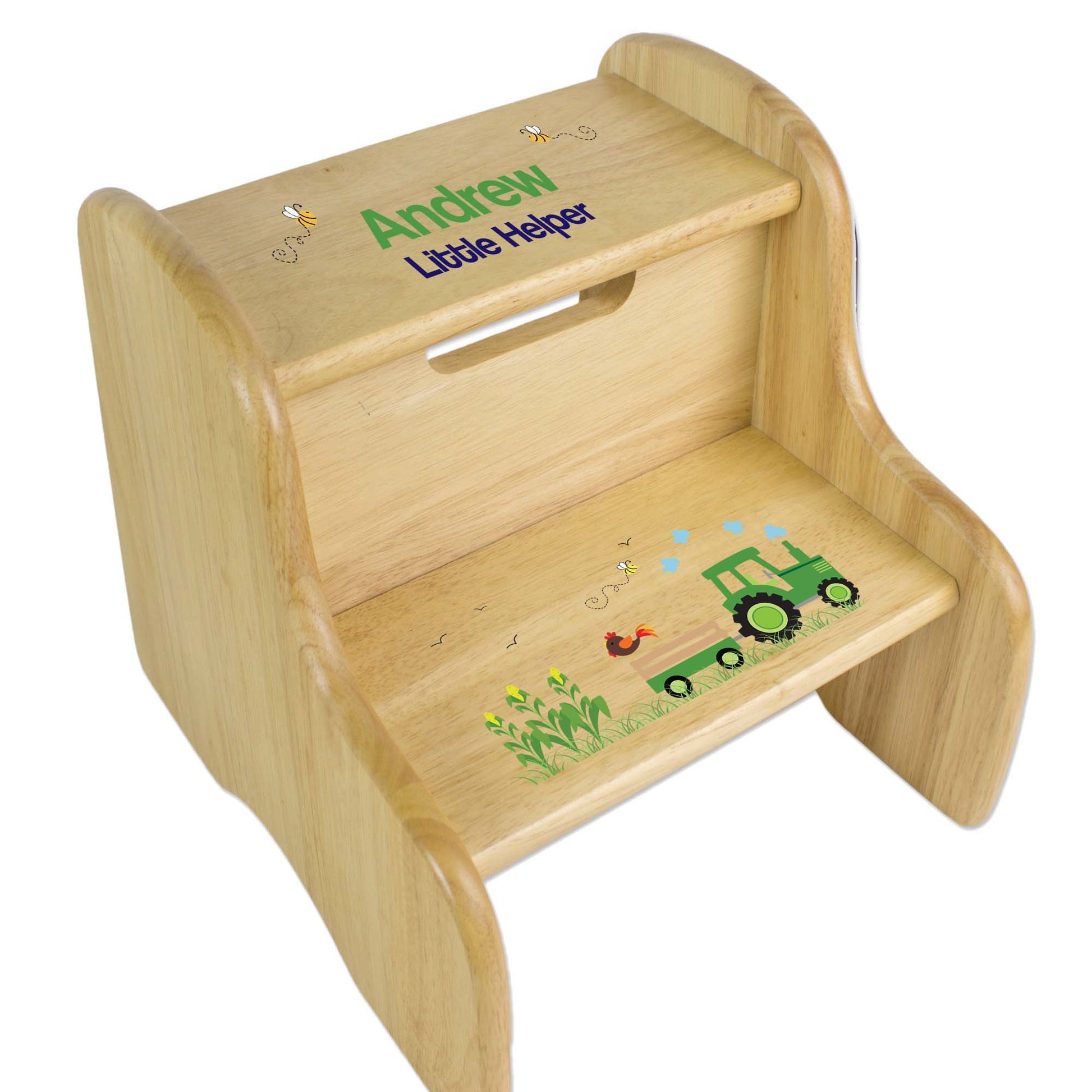 Green Tractor Natural Wood Two Step Stool - MyBambino.com