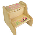 Personalized Natural Two Step Stool With Pink Tractor Design
