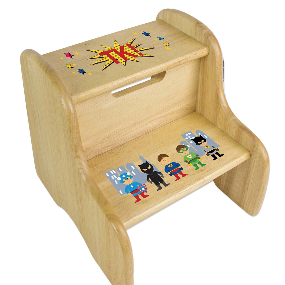 Boys Superhero Natural Wood Two Step Stool - MyBambino.com