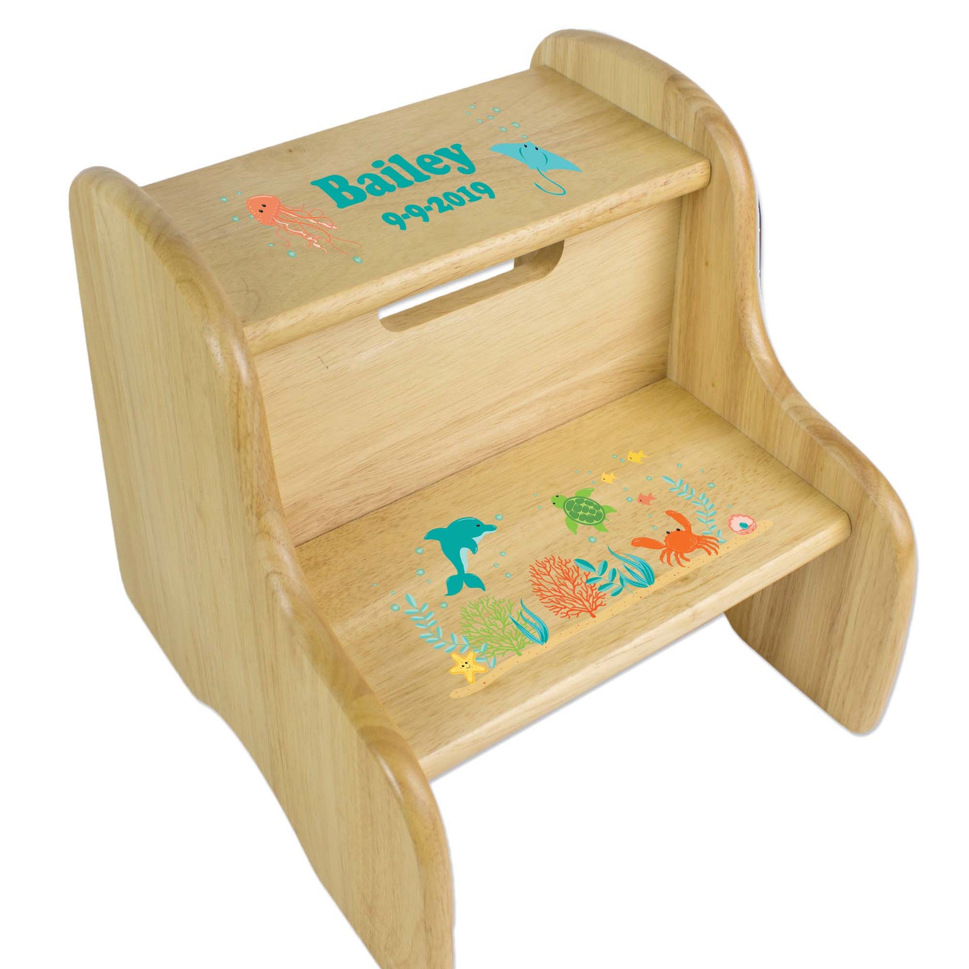 Sea Life Natural Wood Two Step Stool - MyBambino.com