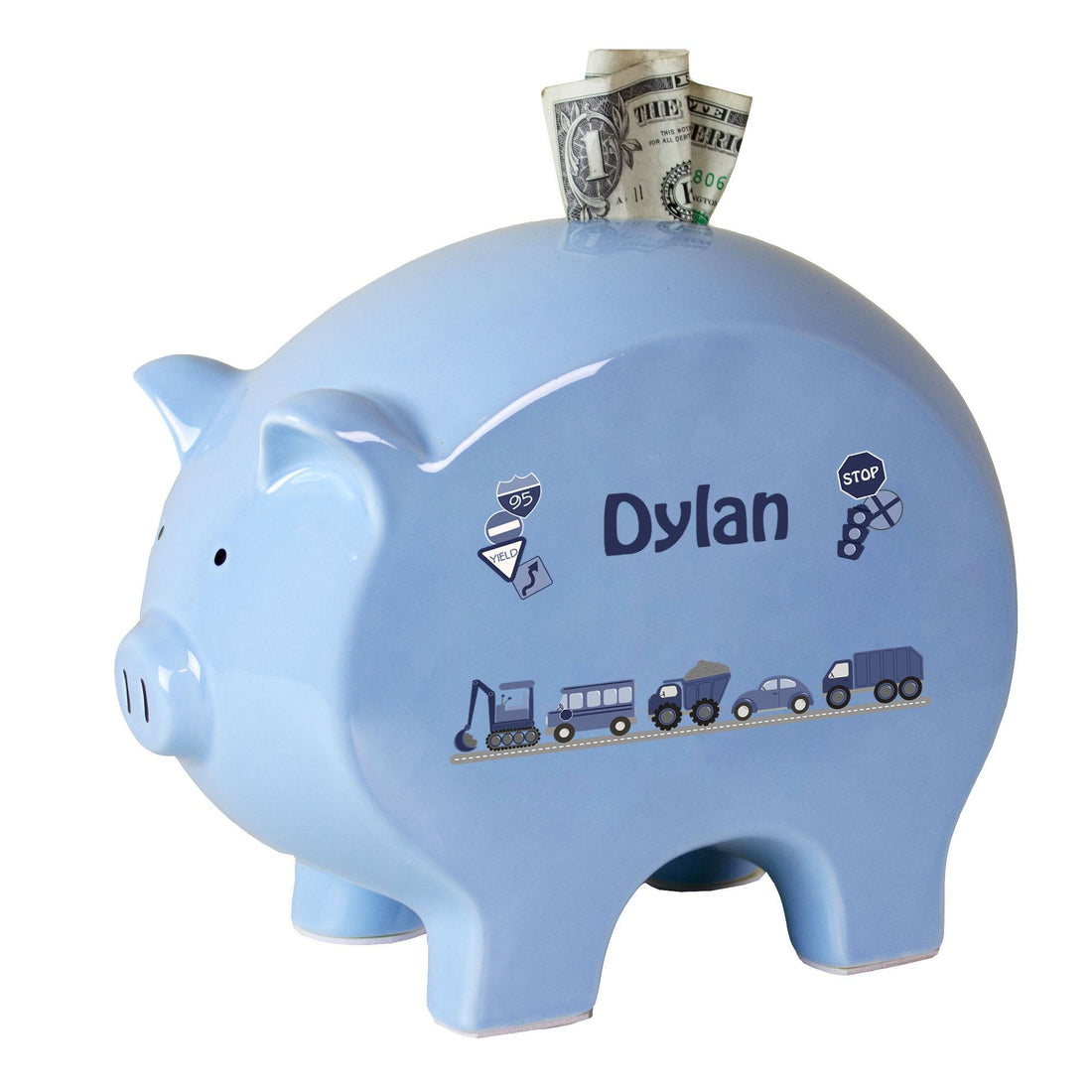 Personalized Transportation Blue Piggy Bank