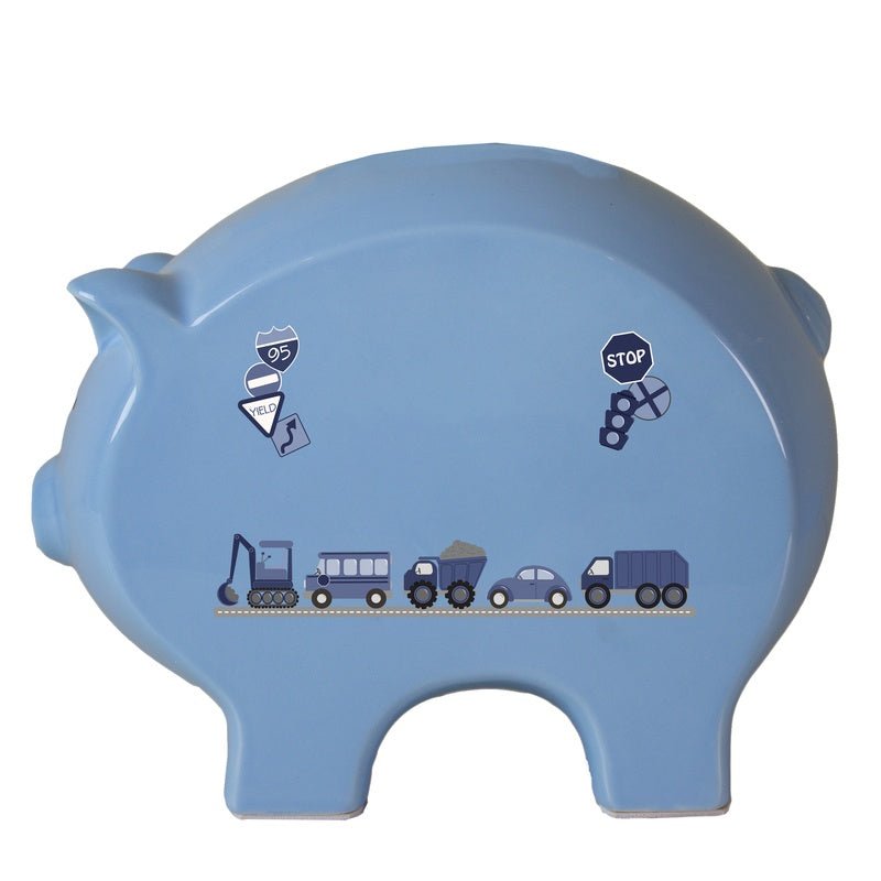 Personalized Transportation Blue Piggy Bank - MyBambino.com