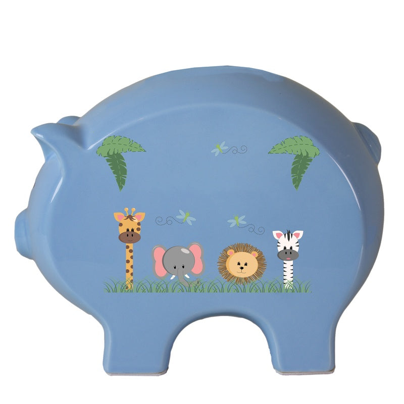 Personalized Safari Animals Blue Piggy Bank