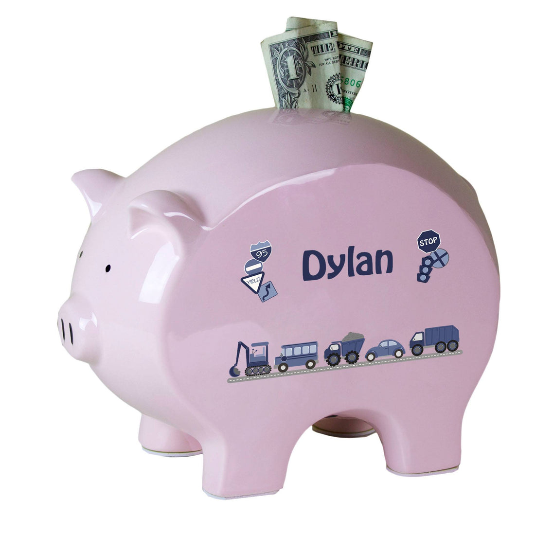 Personalized Transportation Pink Piggy Bank