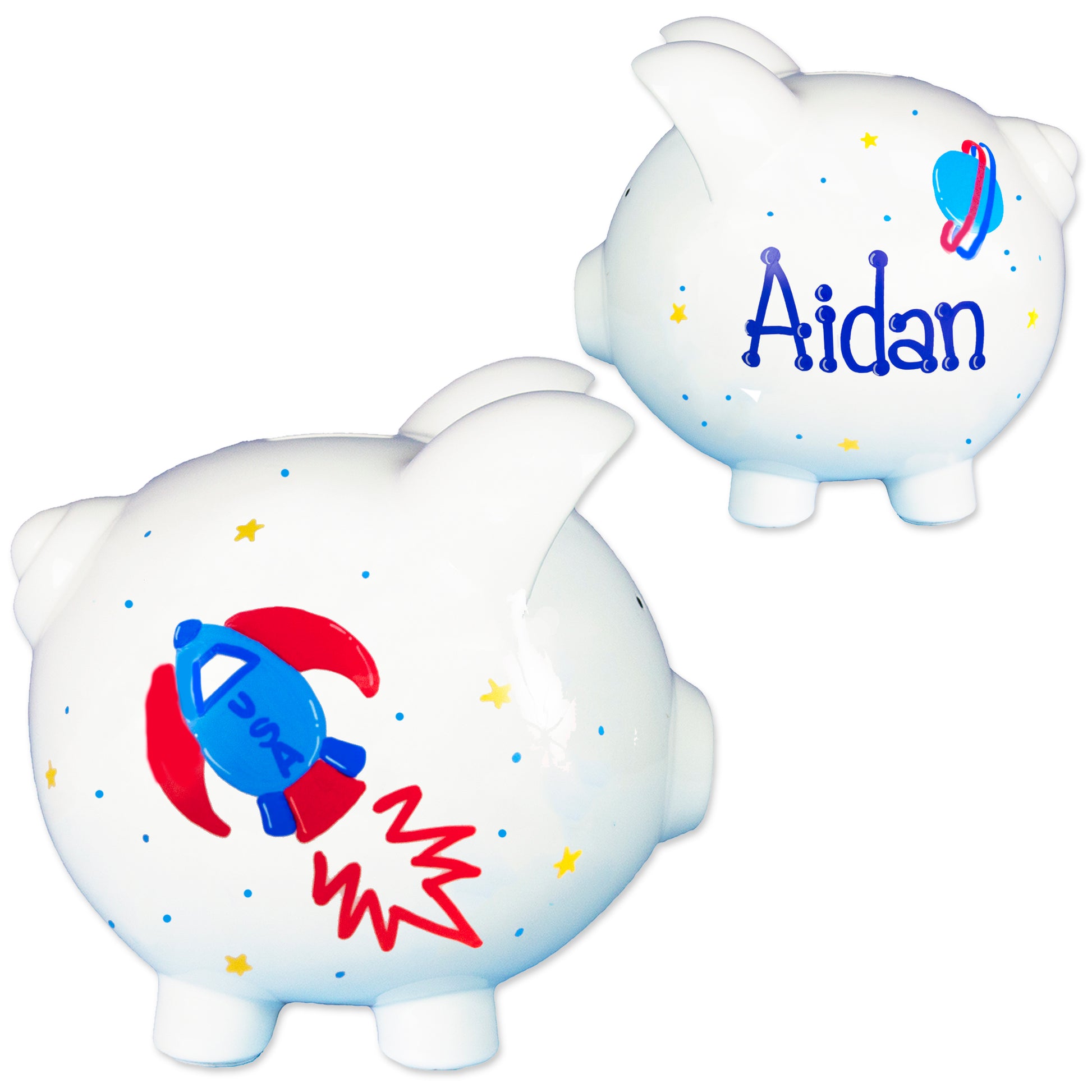 Hand Painted Rocket and Planets Piggy Bank - MyBambino.com