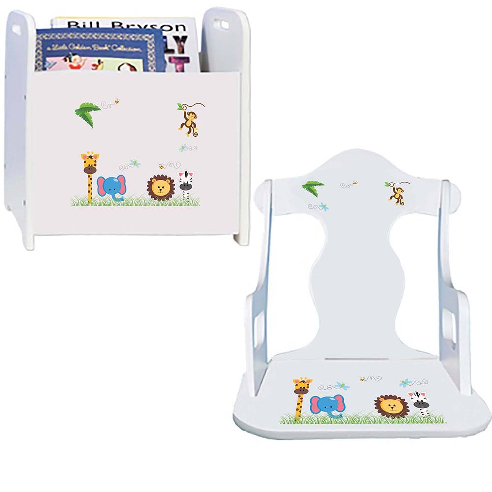 Personalized Jungle Animals Boy Book Caddy And Puzzle Rocker baby gift set