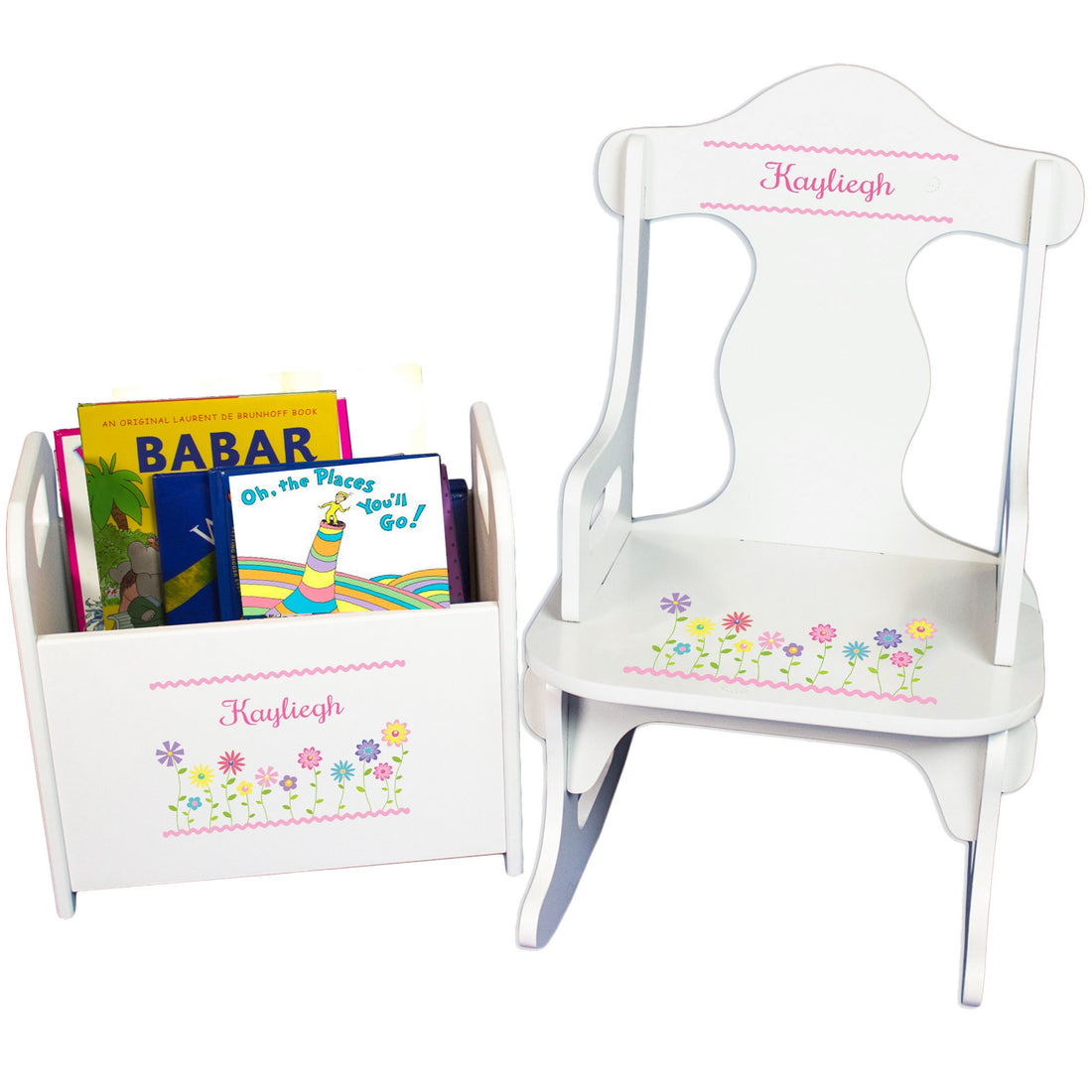 Personalized Stemmed Flowers Book Caddy And Puzzle Rocker baby gift set