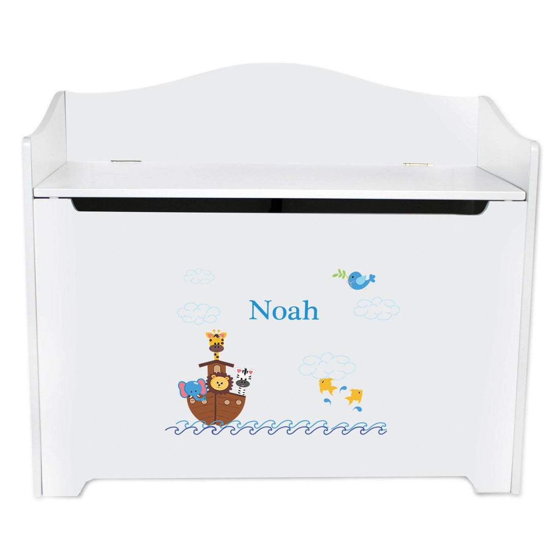 White Wooden Toy Box Bench with Noahs Ark design