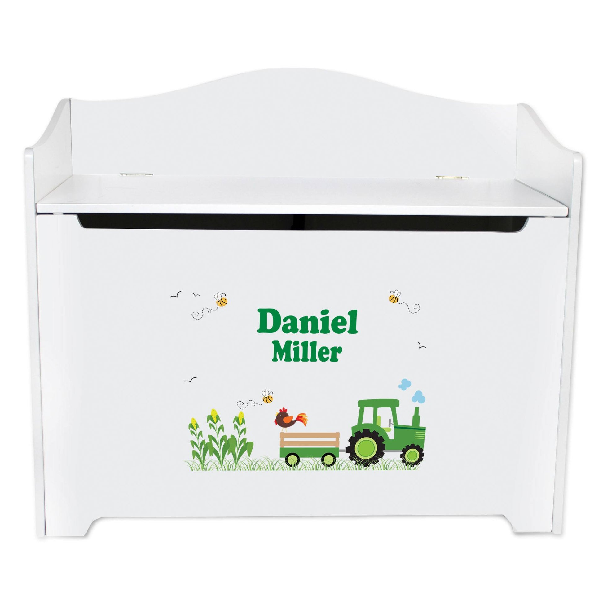 White Toy Box Bench - Green Tractor - MyBambino.com