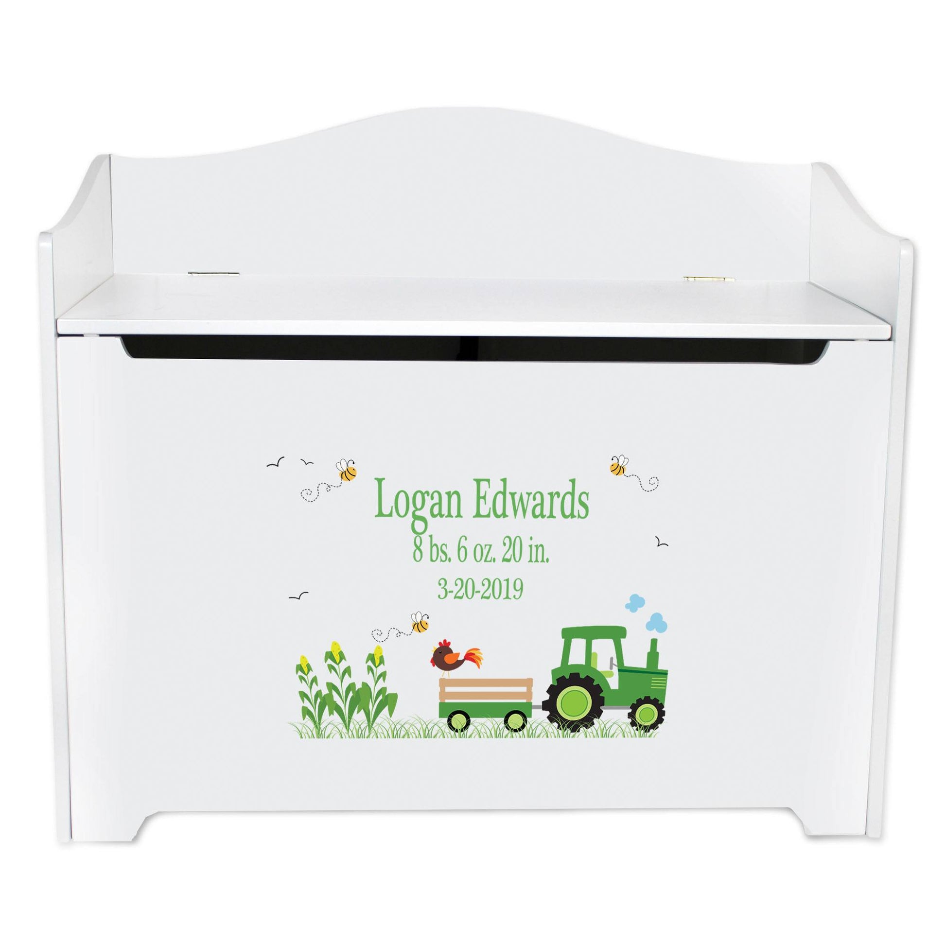 White Toy Box Bench - Green Tractor - MyBambino.com