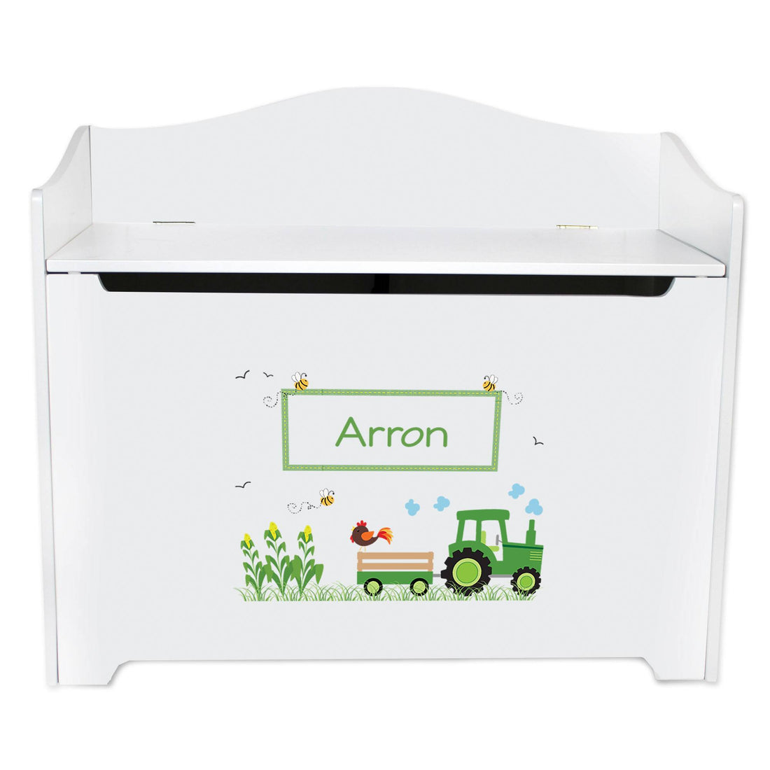 White Wooden Toy Box Bench with Green Tractor design